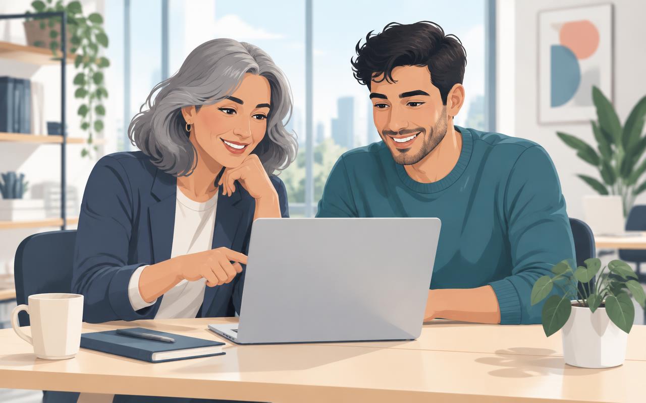 An experienced colleague and a younger teammate sitting side by side at a laptop in a bright modern office