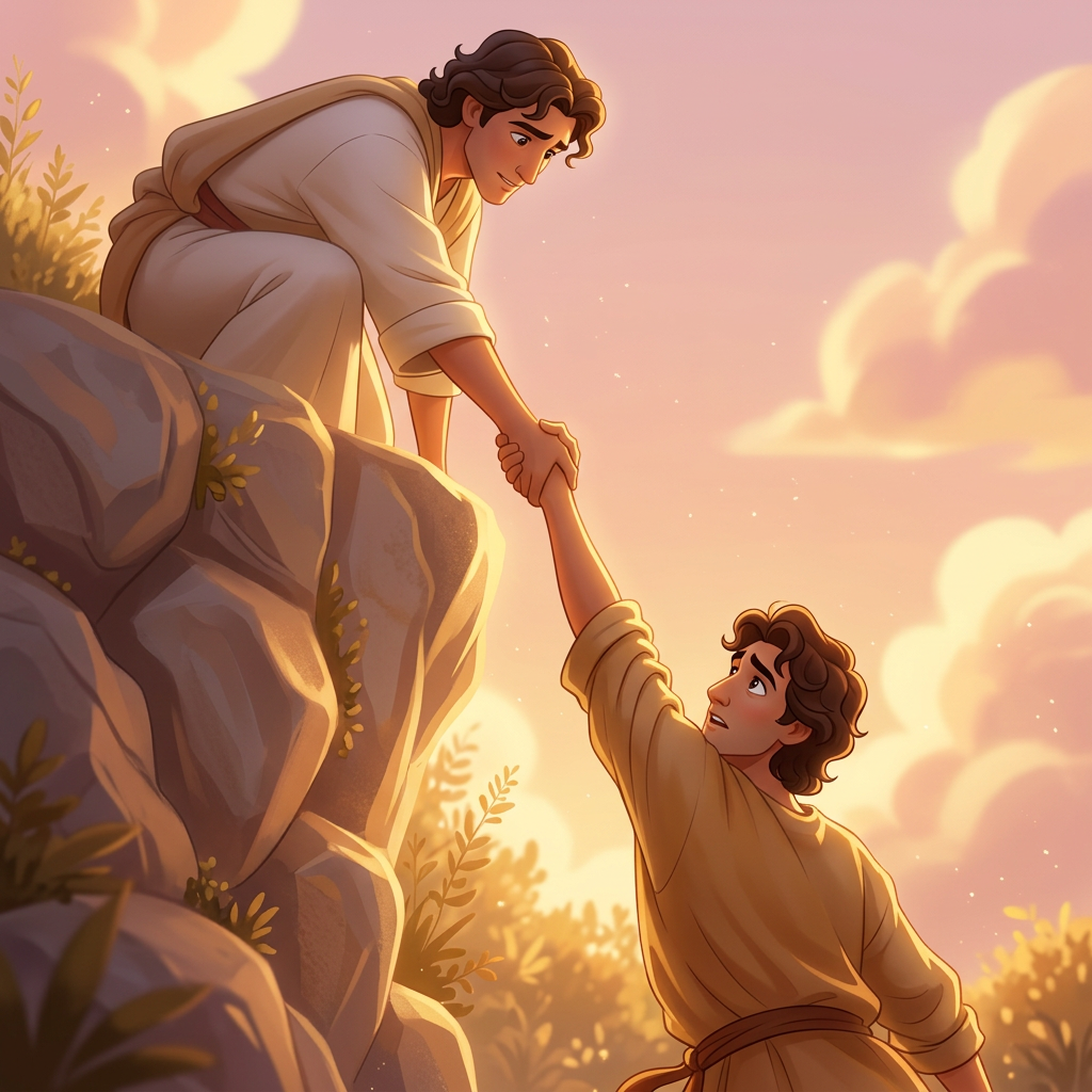 Two hands reaching to help someone up a rocky slope at sunrise