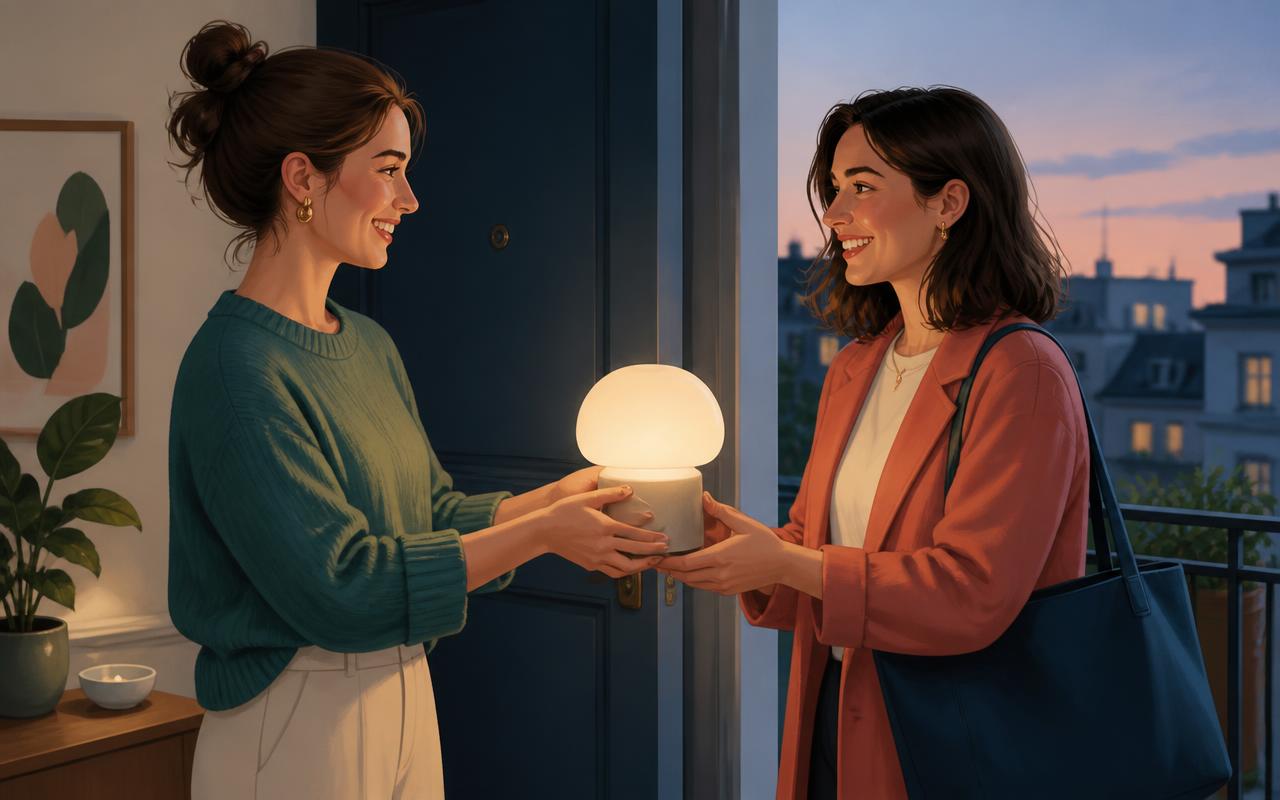 A woman handing a small glowing lamp to her neighbour at an apartment doorway at dusk