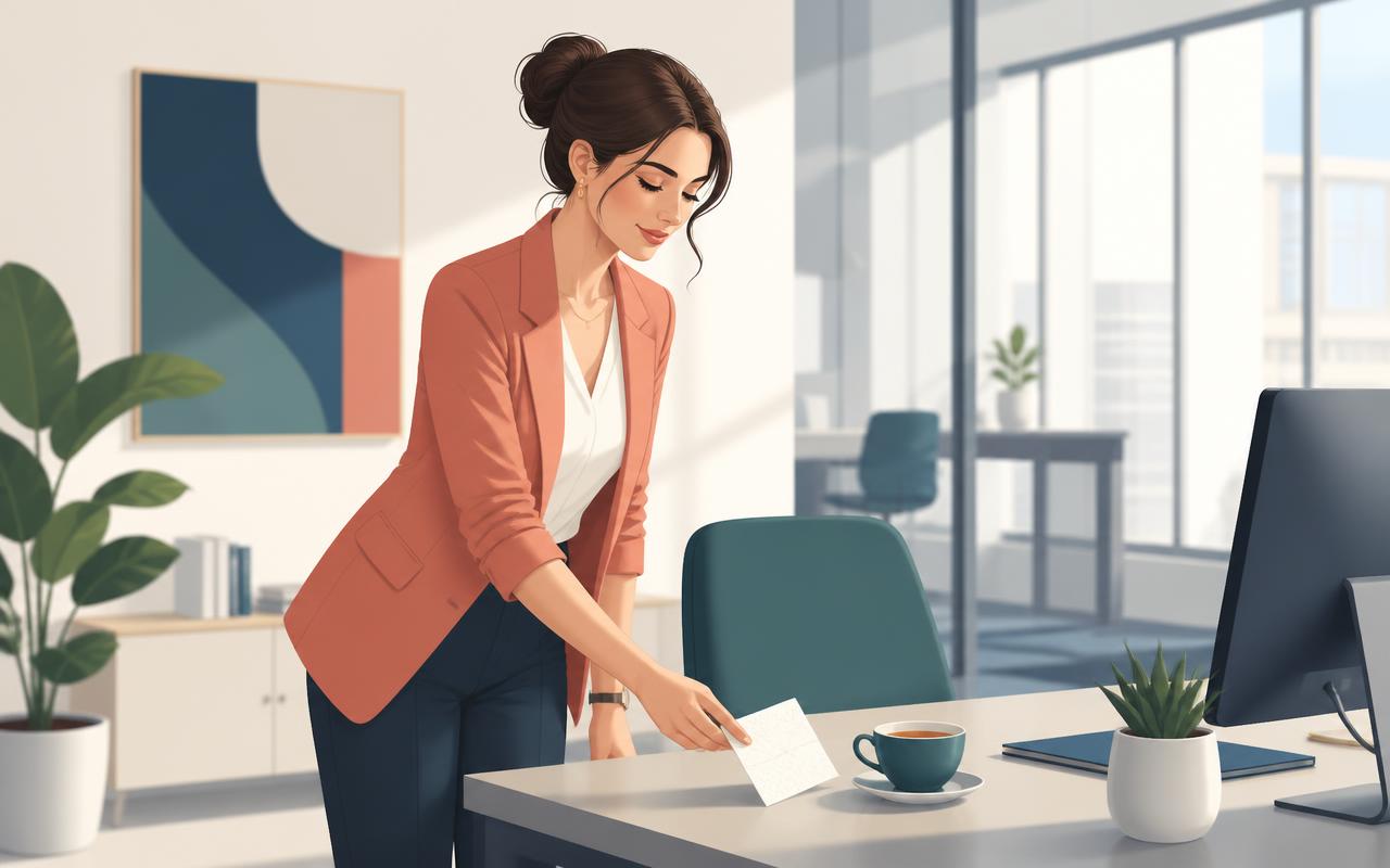 A woman quietly leaving a handwritten note and a cup of tea on a colleague's desk in a bright office