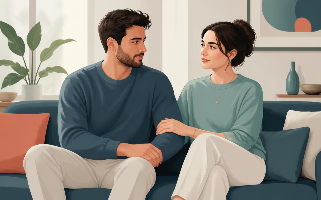 Two friends sitting close together on a sofa in comfortable silence, one hand resting on the other's arm