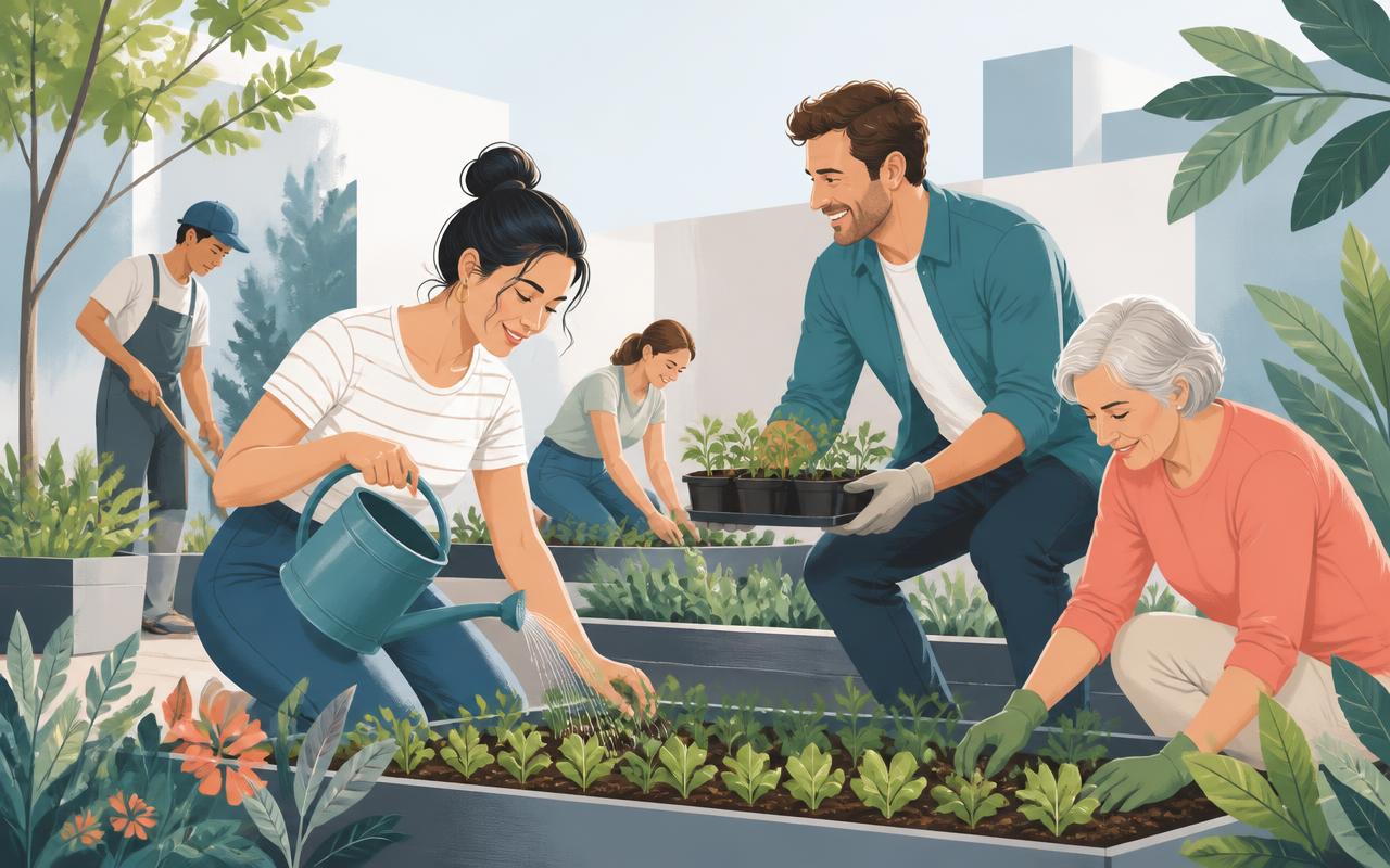 Neighbours of different ages tending a small community garden together on a sunny morning