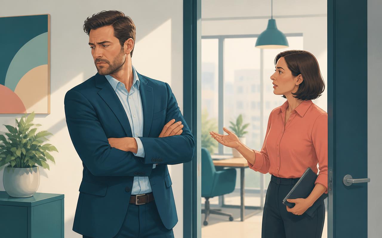 A man turning his face and shoulder away from a colleague who is trying to talk with him in an office doorway