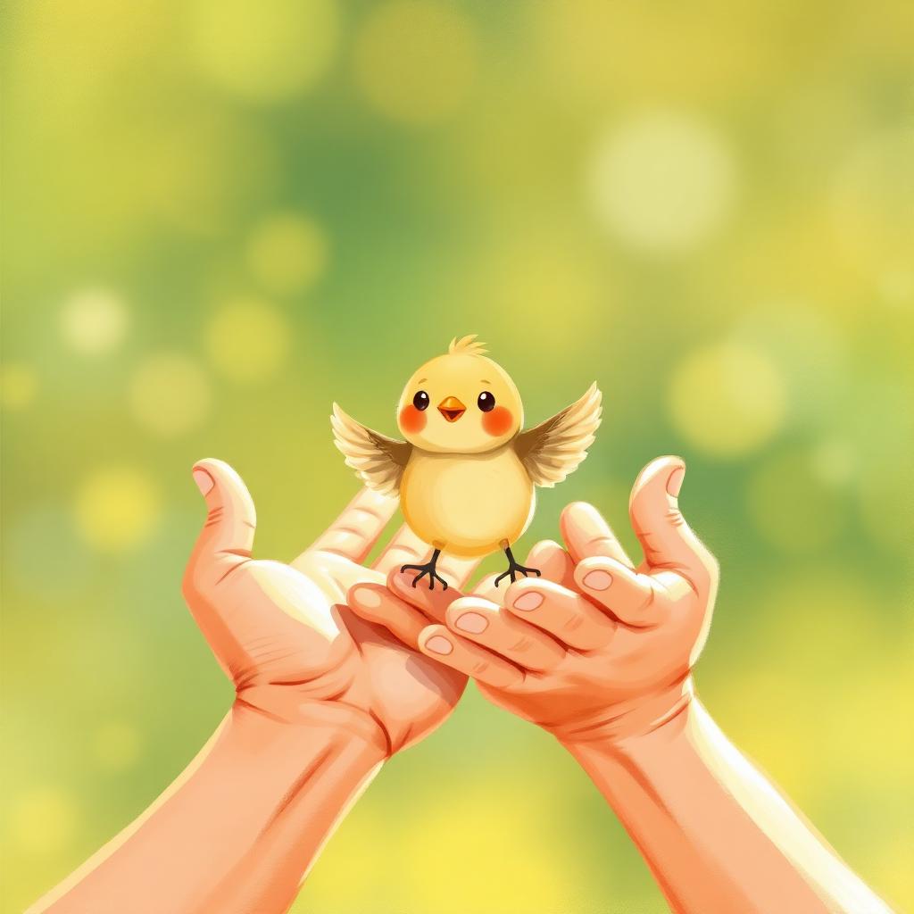 A small bird being handed gently between two pairs of hands