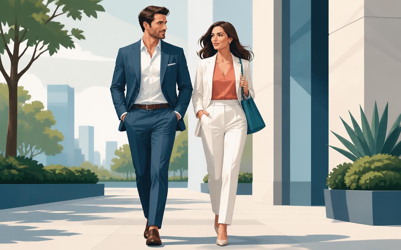 A man and a woman in smart modern clothing walking forward together along a sunlit city path