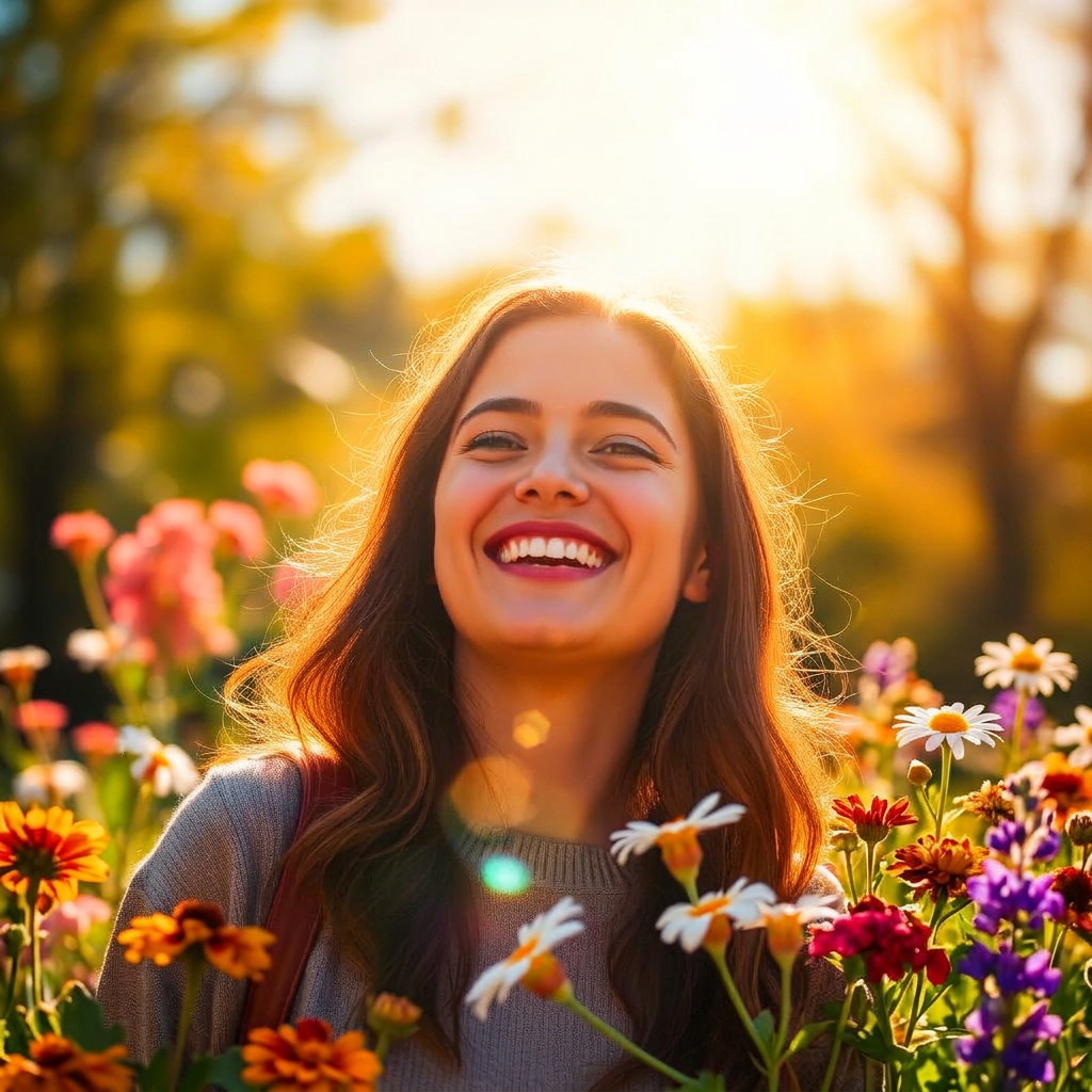 A smiling person in a sunlit meadow surrounded by wildflowers
