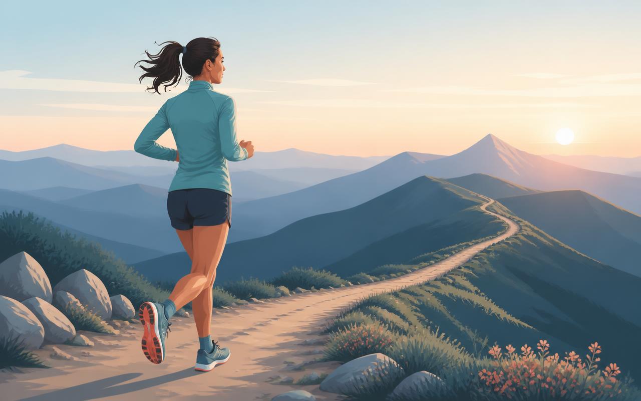 A woman running a long trail at dawn at a steady pace, distant hills ahead of her