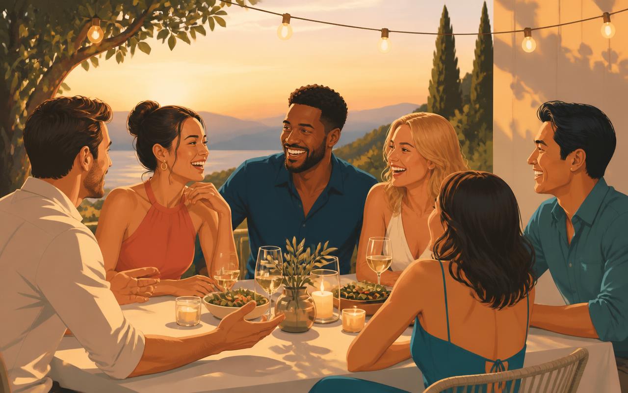 A group of friends, men and women, laughing together around a warmly lit outdoor table at golden hour