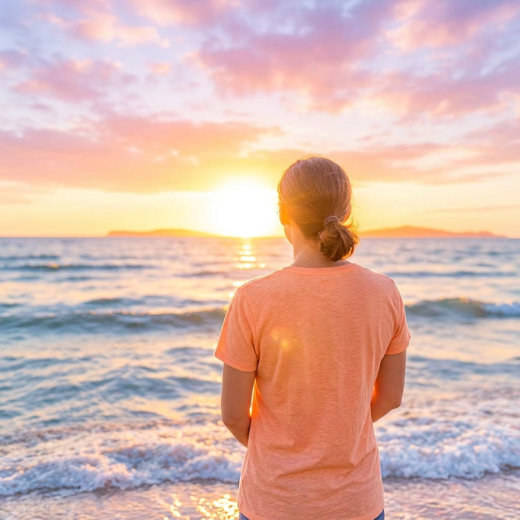 A peaceful person watching gentle ocean waves at sunrise