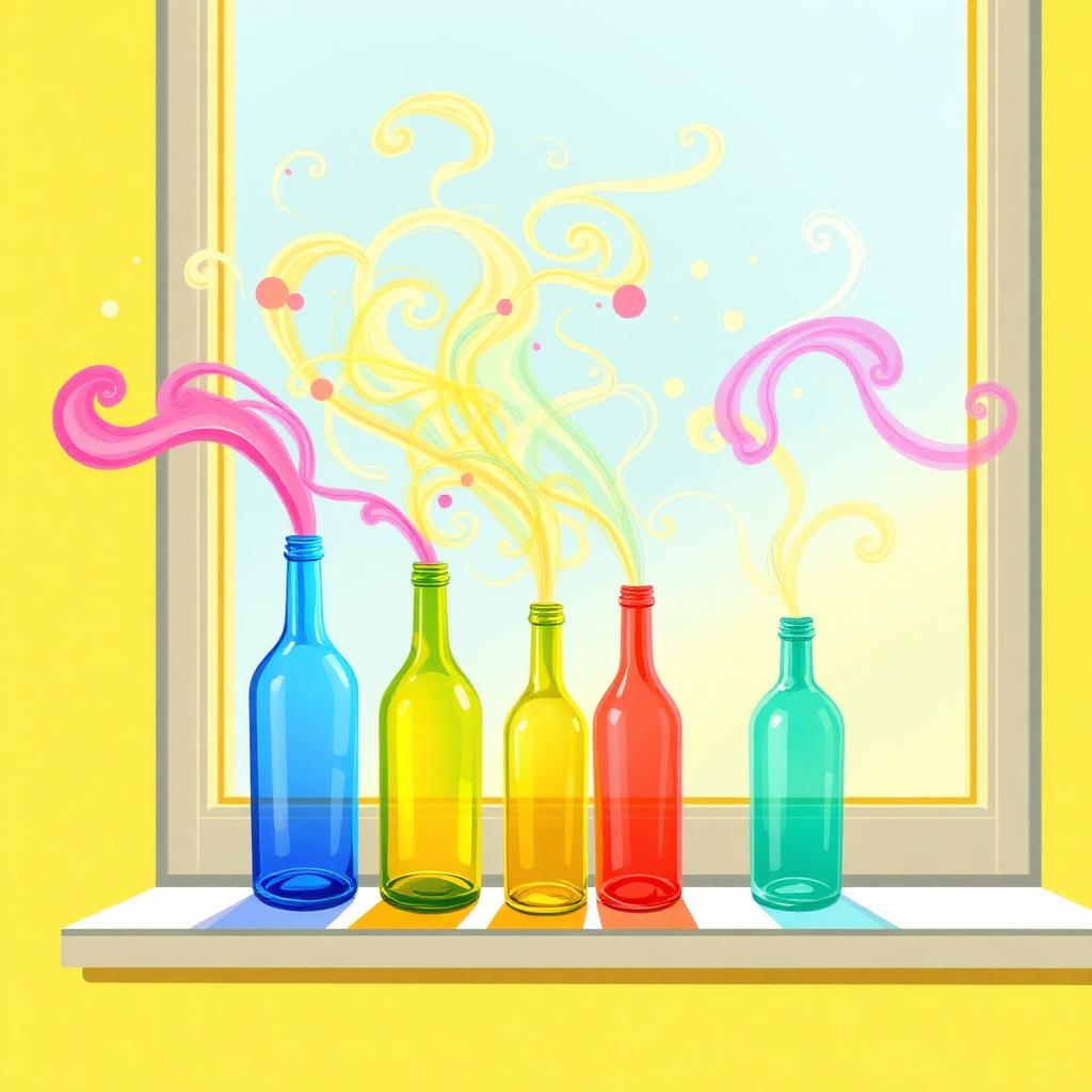 Glass bottles holding swirling colored mist
