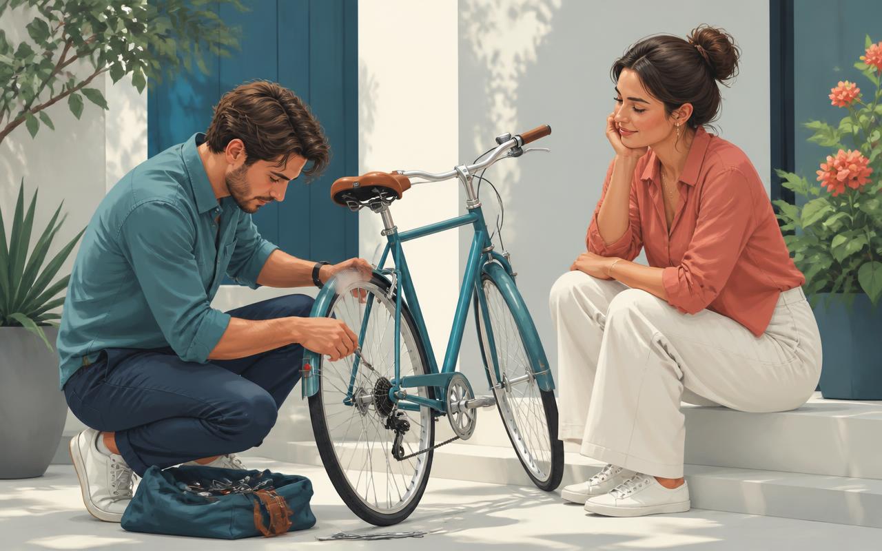 A man quietly repairing a friend's bicycle in a sunlit courtyard while she watches with gratitude