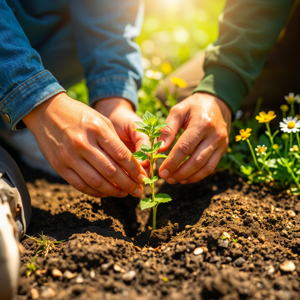 Two pairs of hands gently planting a small green seedling in sunlit soil