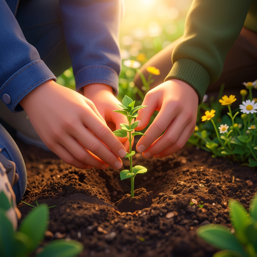 Two pairs of hands gently planting a small green seedling in sunlit soil