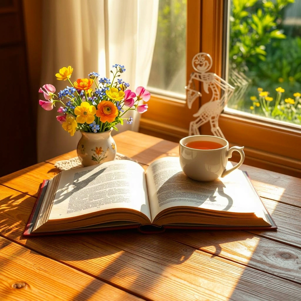 An open book on a sunlit wooden table beside a warm cup of tea