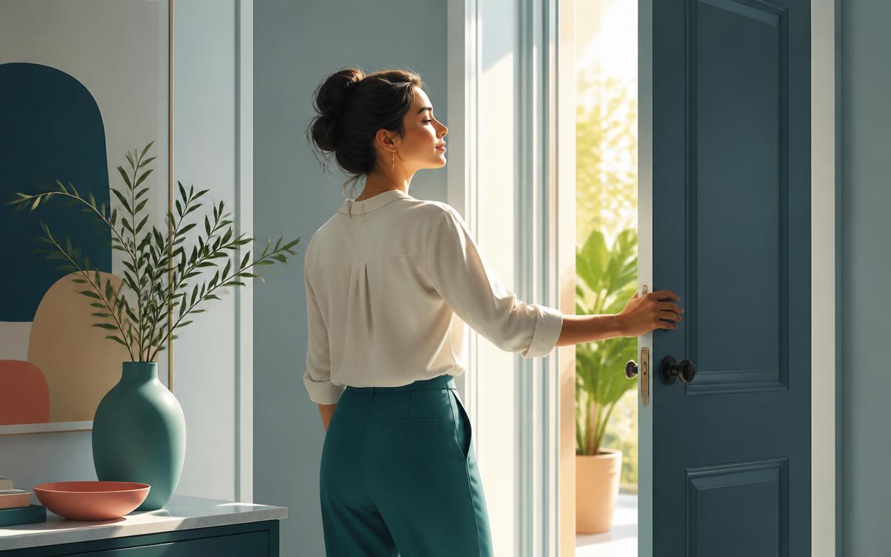 A woman gently opening a door she had kept closed, daylight spilling into the hallway