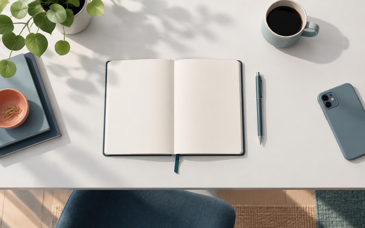 A calm modern desk seen from above with one open notebook, a pen, and a phone placed face down away from the work.