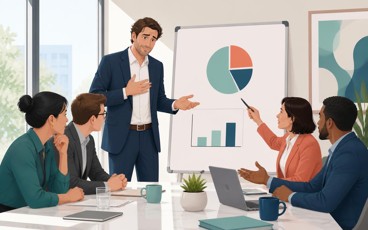 A man at a whiteboard openly admitting a mistake while colleagues lean in to help solve it