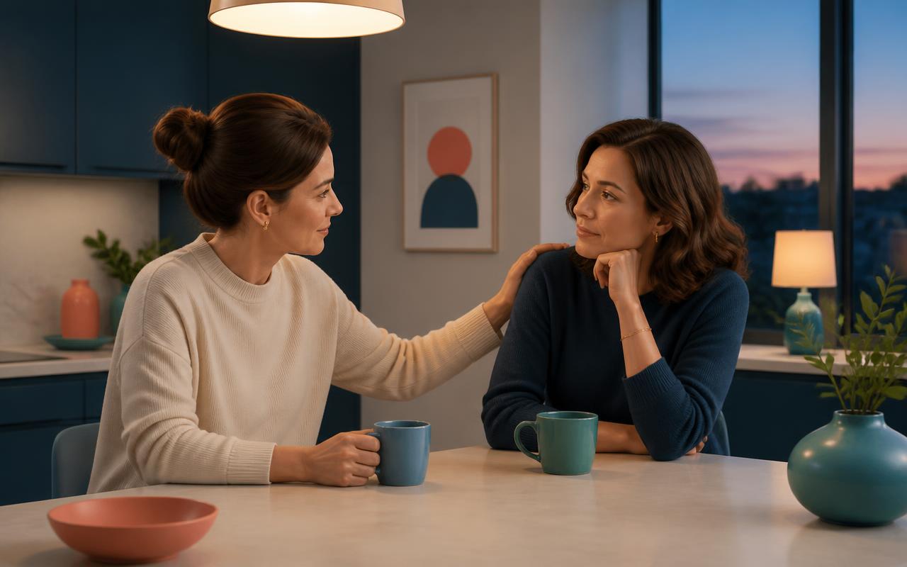 A woman sitting with a friend over two mugs of tea in a quiet kitchen at dusk, offering unrecorded care