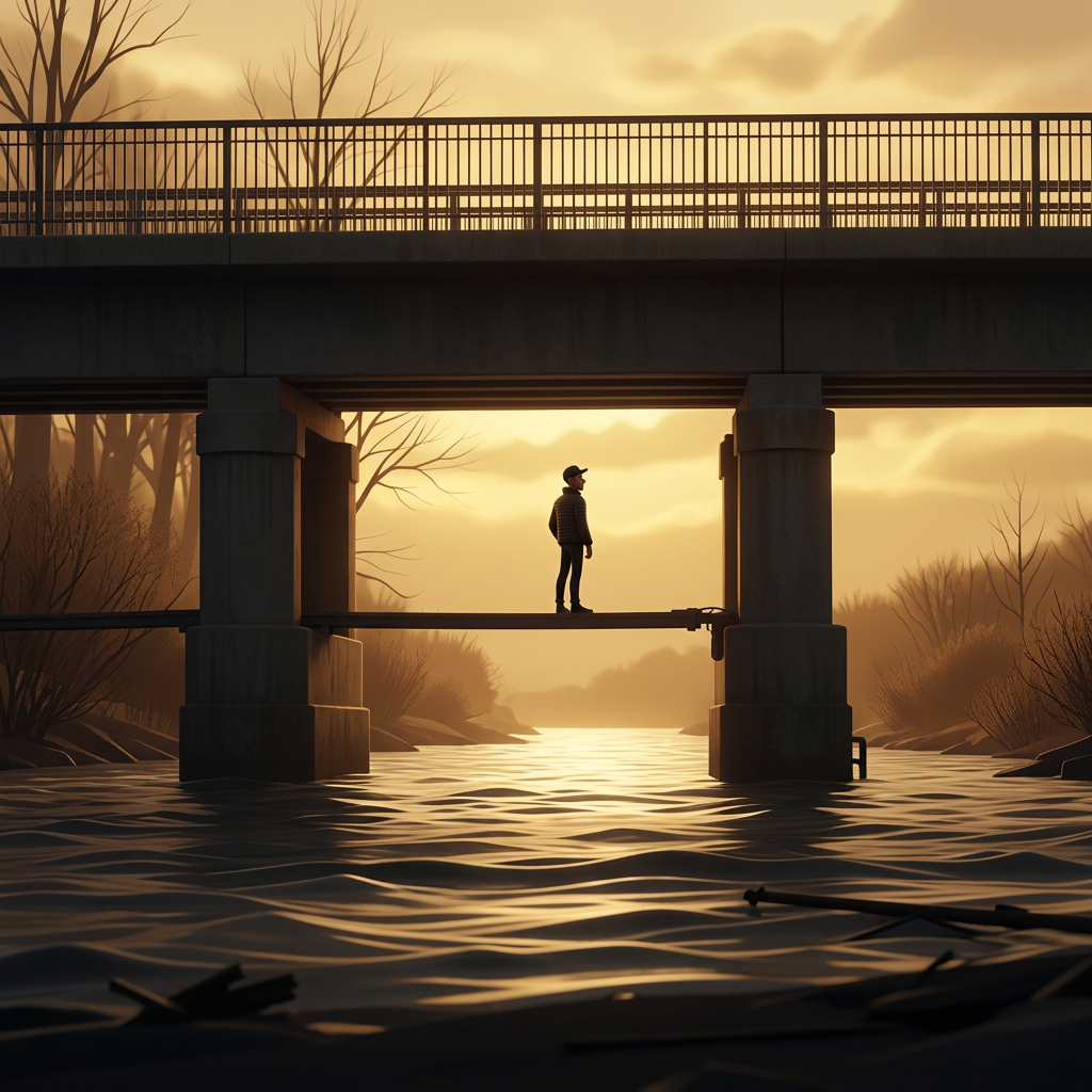 A silhouette of a person standing on a bridge, looking at the water flowing beneath.