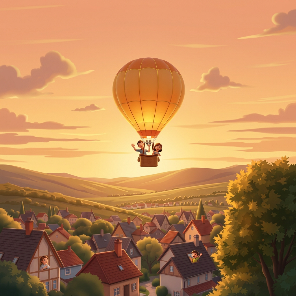 A hot air balloon rising over a quiet town at dawn