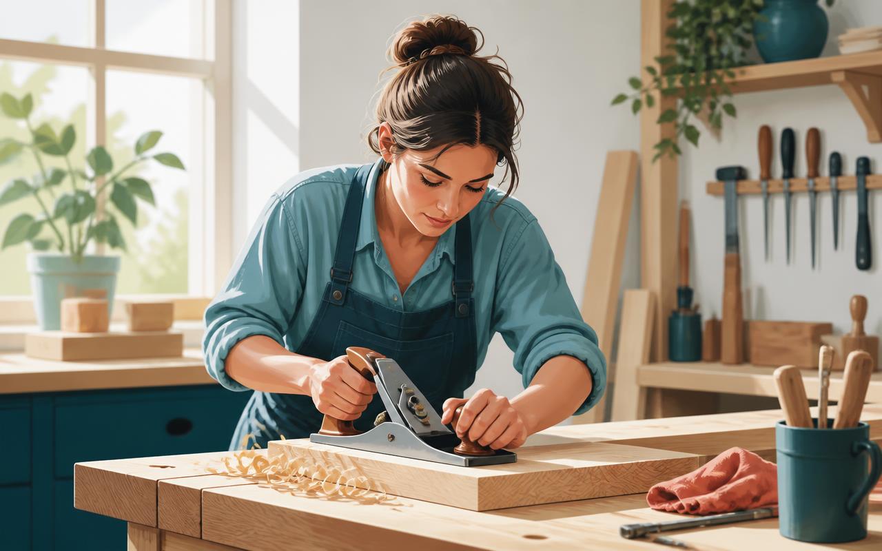 A woman woodworker smoothing a piece of oak with a hand plane in a sunlit workshop