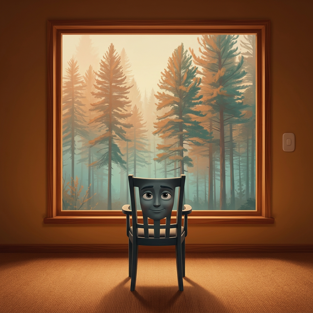An empty chair facing a wide window overlooking a pine forest in the mist.