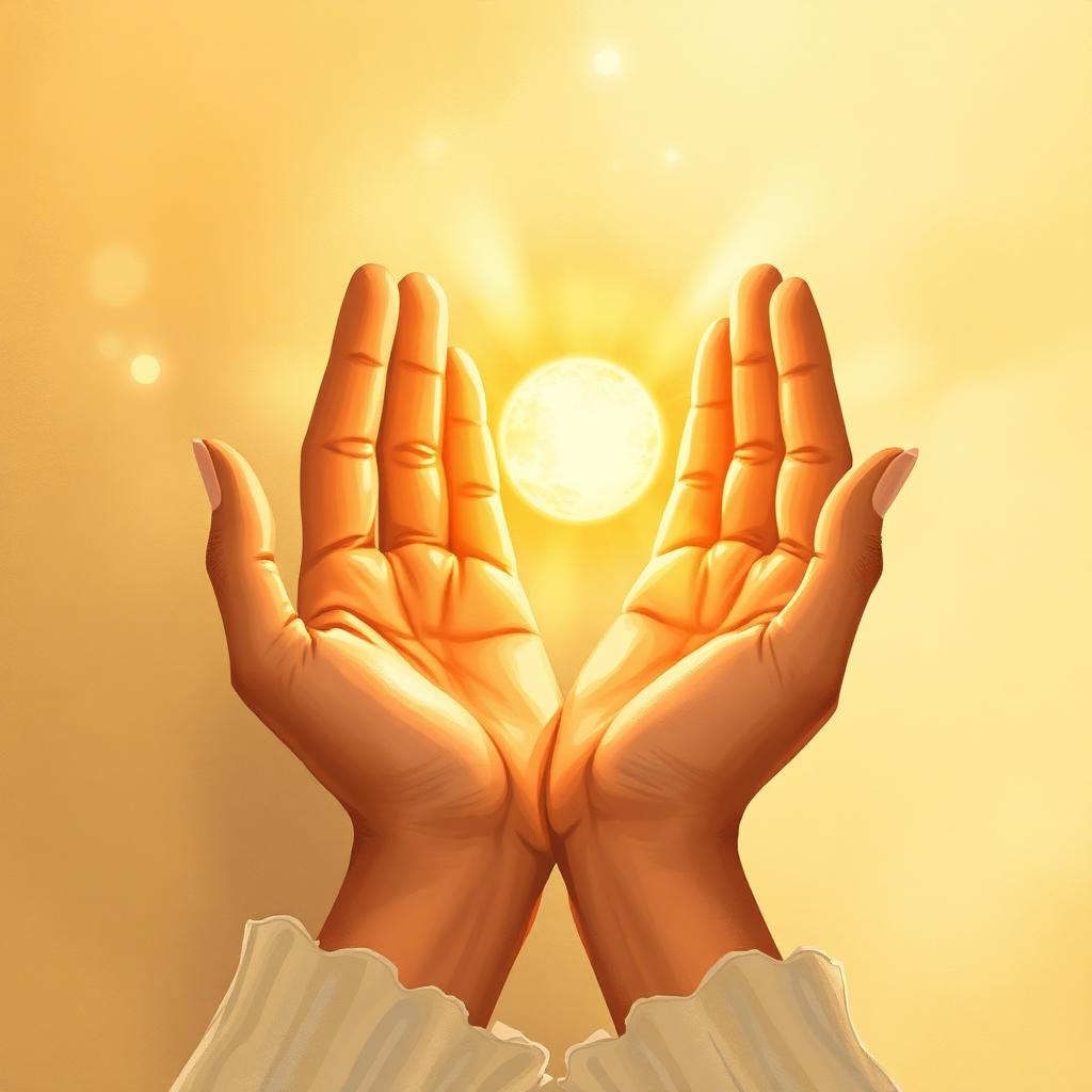 An open hand holding warm light against darkness