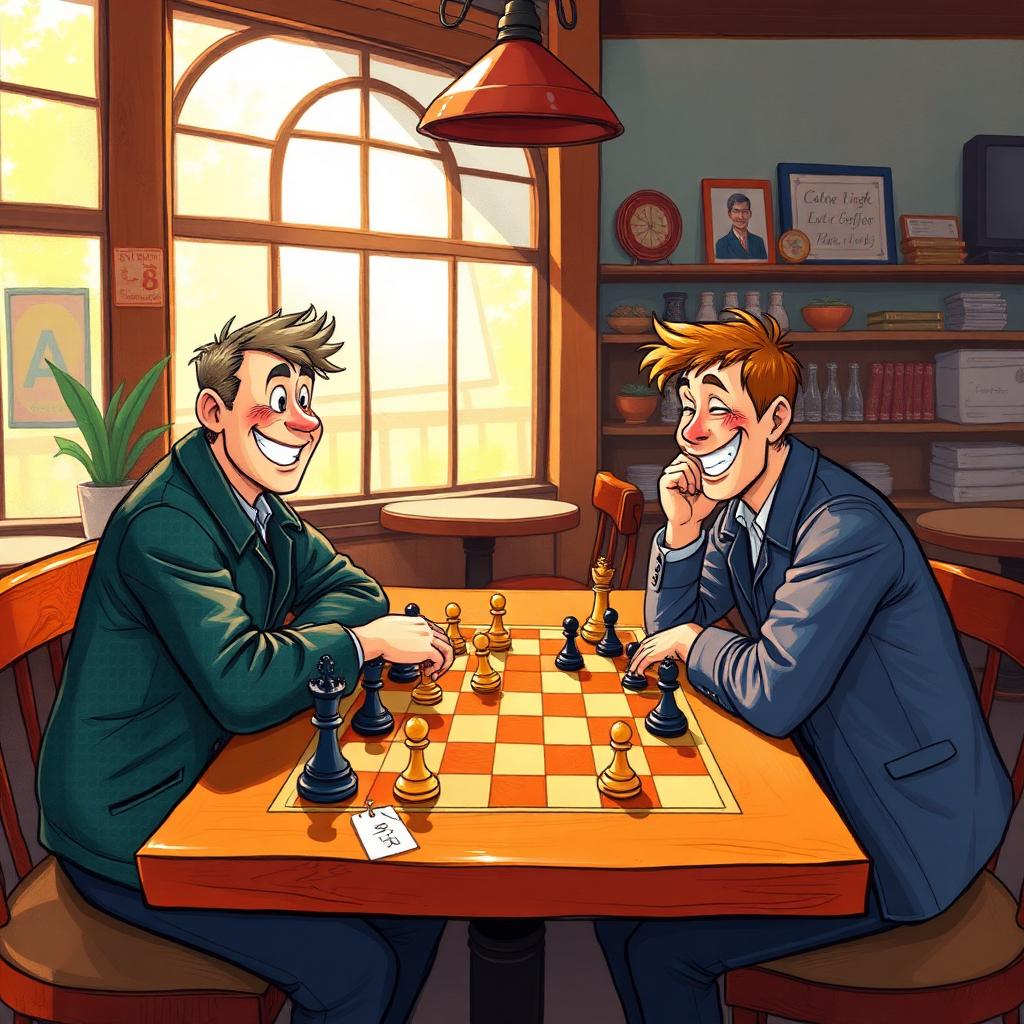Two chess players locked in concentration across a worn wooden board