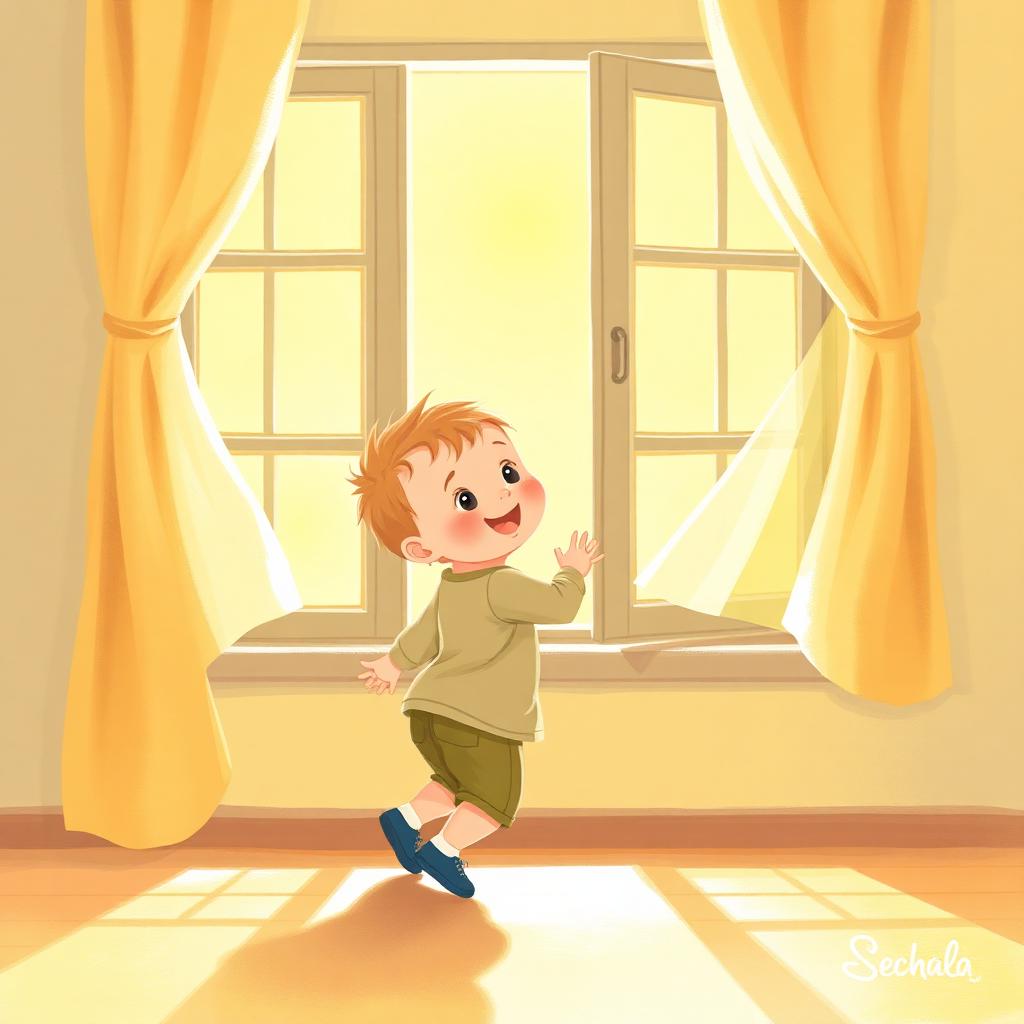 A child taking wobbly first steps toward warm window light