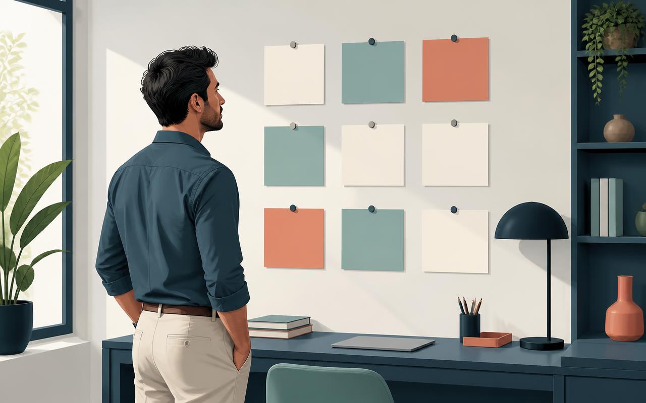 A man pinning handwritten goal cards to the wall above a tidy desk and stepping back to look at them